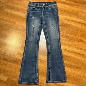 Gemma Rae Blue Denim Flare Jeans Luka embroidery and rhinestone detail size 7